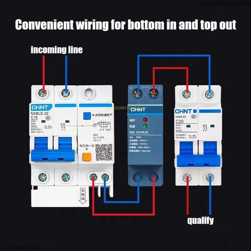 CHINT NB3 OUVR-2E Protector de sobretensión y bajo voltaje tipo autorecuperación 1P + N con entrada inferior y disyuntor de salida superior - imagen 2