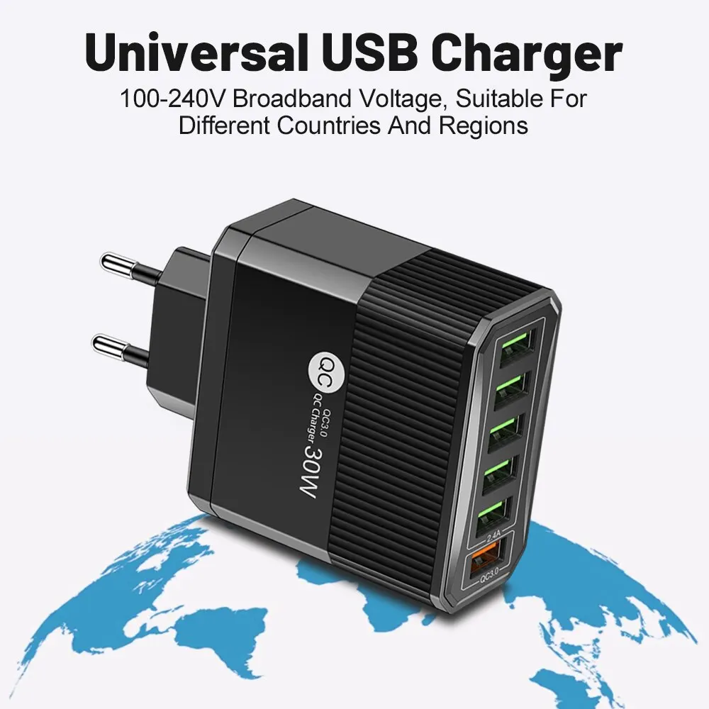 Cargador USB de carga rápida para teléfono, adaptador de viaje QC3.0 de 30W, 6 puertos, para iPhone, Xiaomi, Samsung, enchufe EU/KR - imagen 4