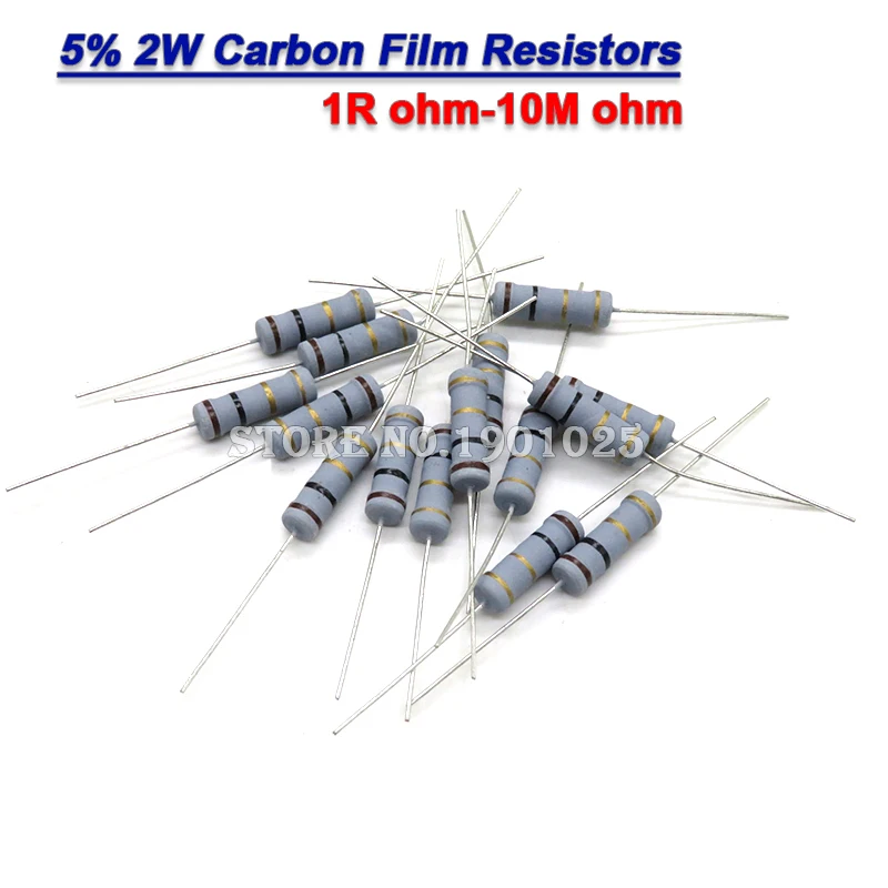 Resistencias de película de carbono 20 piezas 5%, 2W, 1R-10M, 10R, 15R, 47R, 100R, 220R, 1K, 10K, 4K7, 100K, 560K, 1M, 3M3 Ohm, resistencia de anillo de Color 200K