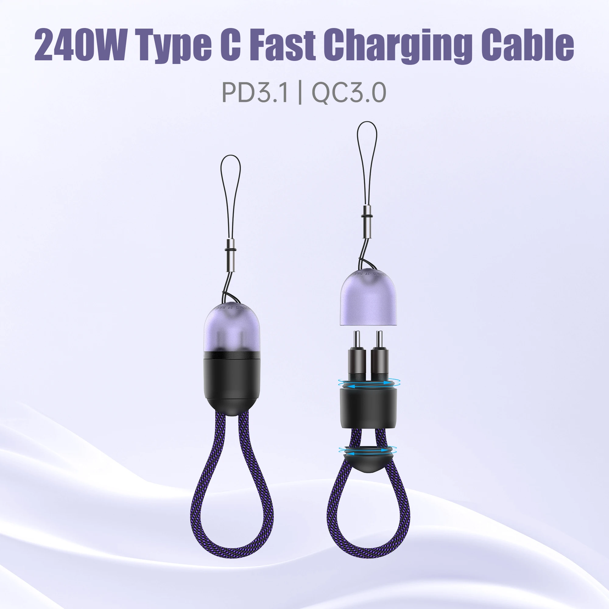 Llavero con cordón PD de 240W, Cable de carga rápida tipo C a tipo C, 20cm, USB C, transferencia de datos para Xiaomi, Samsung, iPhone 16 - imagen 2