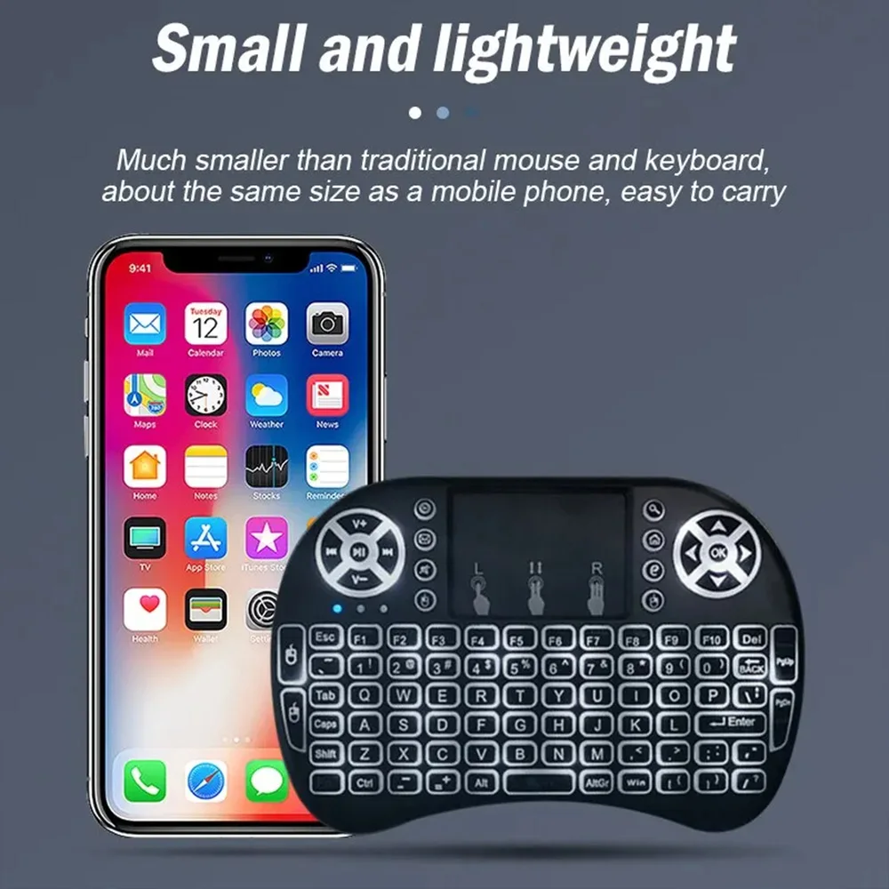 Mini teclado inalámbrico I8, retroiluminado en 7 colores, ruso, francés, español, portugués, árabe, 2,4G, Air Mouse remoto para Android TV Box PC - imagen 3
