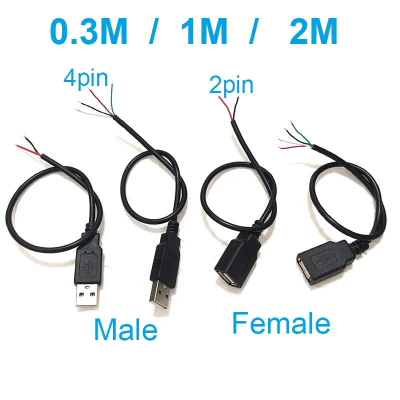 5V USB 0,3 M 1M 2M 2 pines 4 pines 2 cables DIY usb macho hembra Cable conector Cable de extensión de carga de energía adaptador de conector