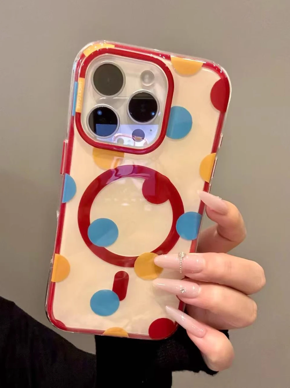 Funda de teléfono Tok con agarre magnético de lunares de colores bonitos 2 en 1 para iPhone 16 15 14 13 17 Pro Max carga inalámbrica para cubierta Magsafe - imagen 4