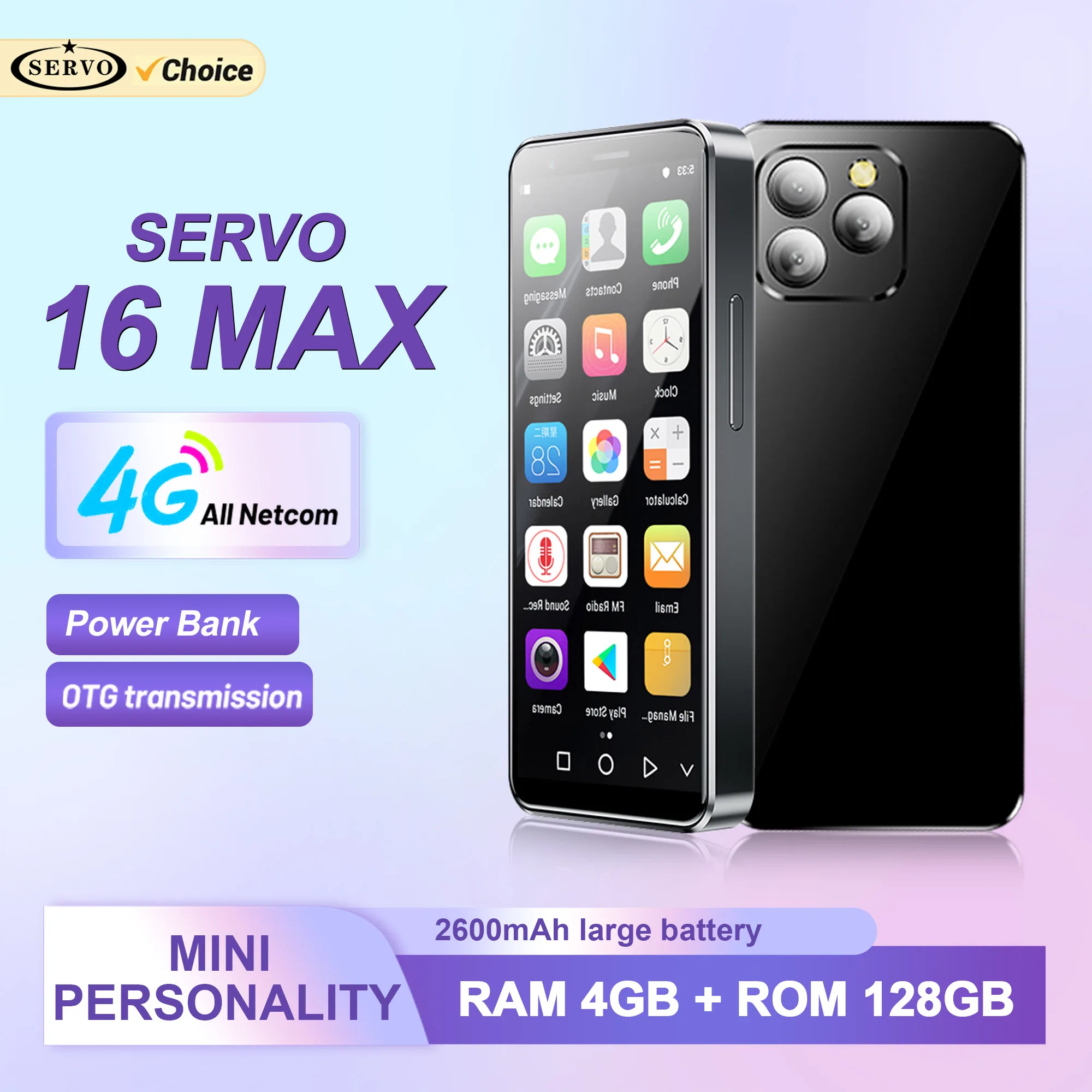 SERVO 16MAX Android Mini Smartphone 4G LTE Play Store 4GB + 128GB Desbloqueo facial OTG Power Bank 4,0 "Pequeños teléfonos inteligentes Tarjeta SIM dual