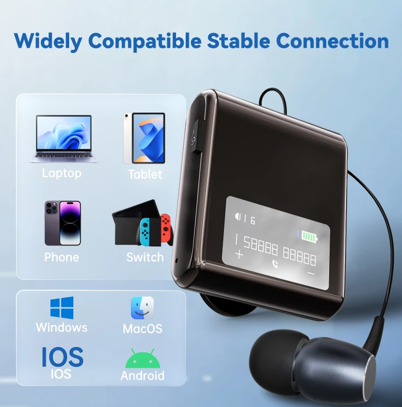 Auriculares inalámbricos Lavalier K89/K75 para negocios con Bluetooth 5.4, llamadas y música, pantalla LCD digital de 20 horas, recordatorio de vibración, informe de voz y visualización de números, auriculares de músic - imagen 5