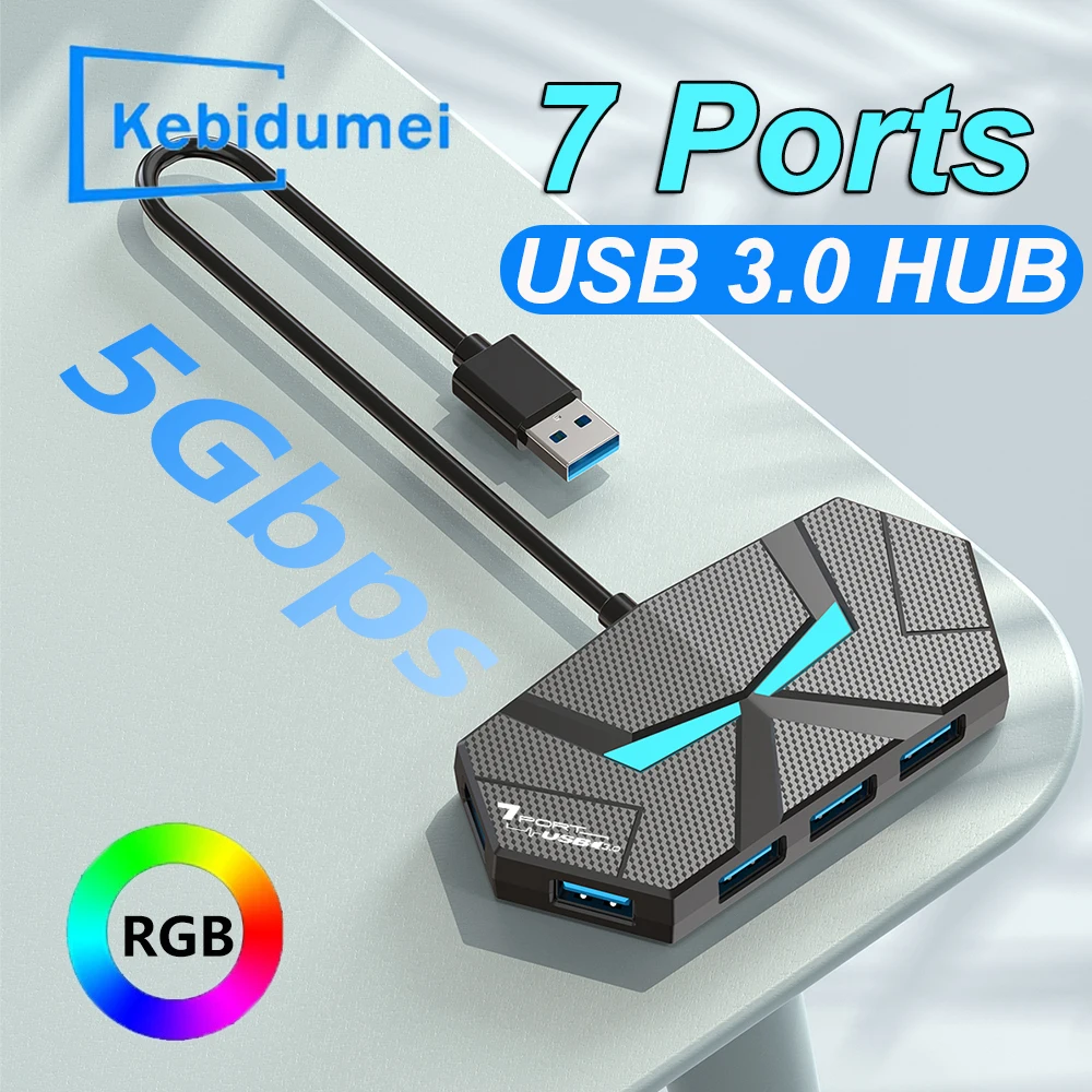 Estación de acoplamiento USB 3,0 HUB tipo C de 7 puertos, adaptador divisor de transmisión de alta velocidad de 5Gbps para ordenador portátil, disco duro, ratón y teclado