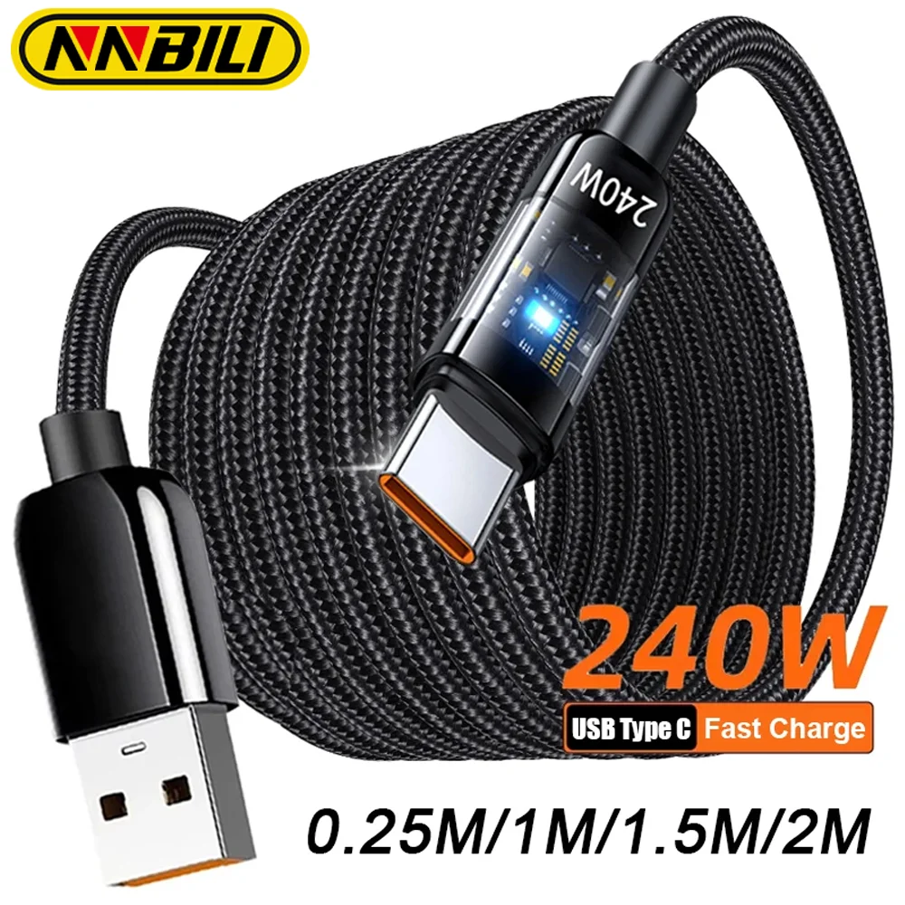 NNBILI carga súper rápida 240W QC 3,0 Cable USB a tipo C para Samsung Huawei OPPO LED cargador de teléfono Cable de datos accesorios de teléfono