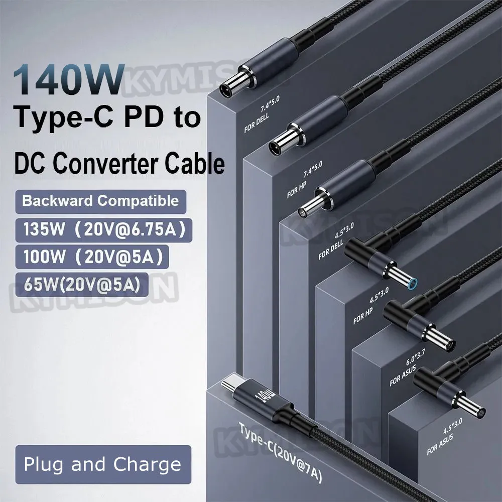Cable cargador Universal para ordenador portátil Asus, adaptador de corriente CC, convertidor, 65W, 90W, 140W, USB C, PD a DC, para Dell Hp 5,5x2,5 7,4x5,0 4,5x3,0mm