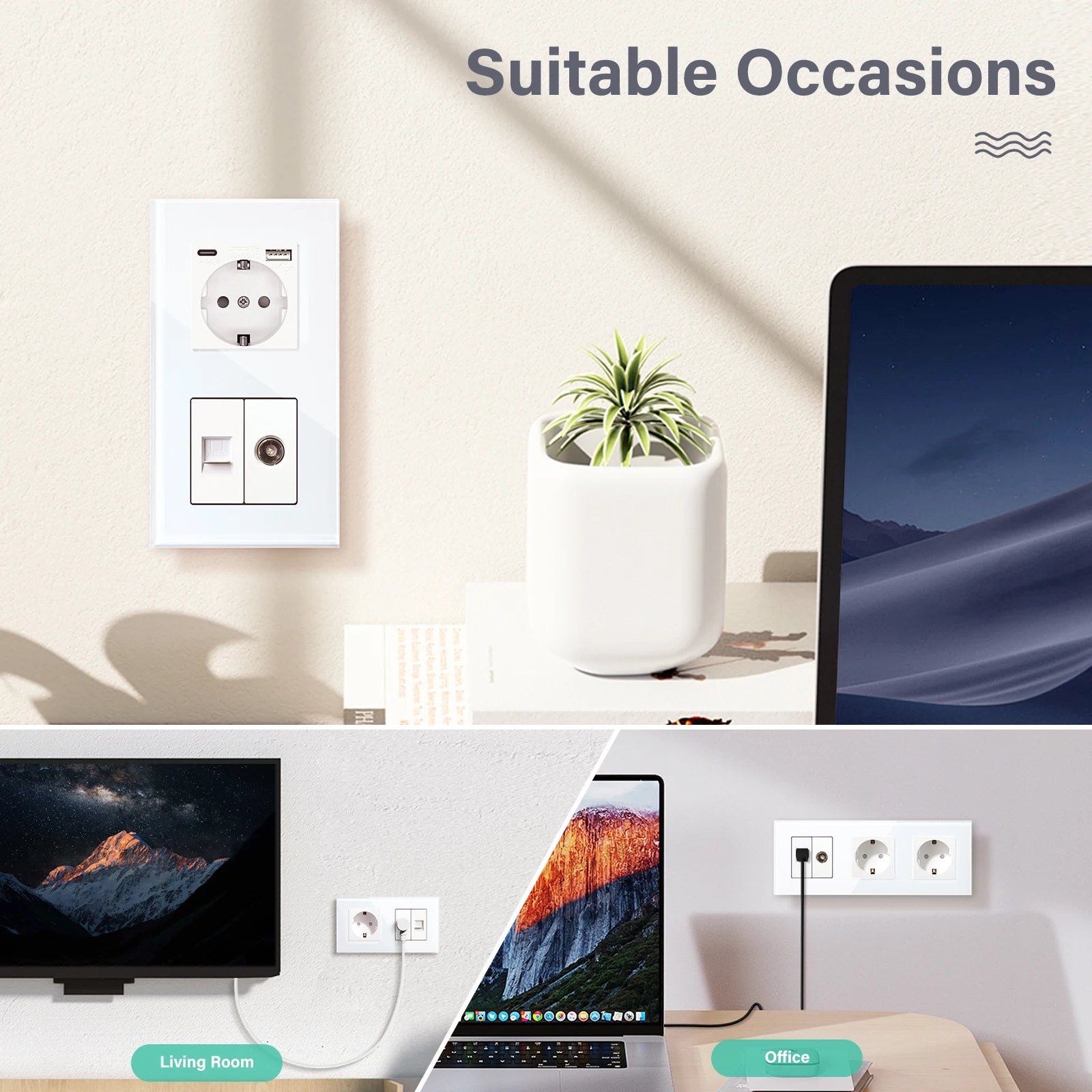 BSEED TV CAT5 con enchufe europeo enchufes de pared dobles TV Internet RJ45 conexiones de PC enchufes eléctricos USB tipo c marco de vidrio - imagen 3