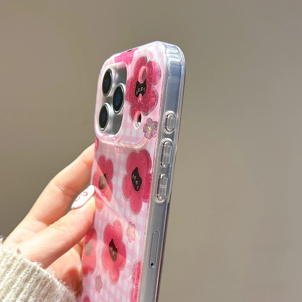 Lindo patrón de rejilla rosa para Iphone 17Promax funda con purpurina de gato negro de dibujos animados para iPhone 14 15 16 Pro Max 17 pro cubierta a prueba de golpes - imagen 5