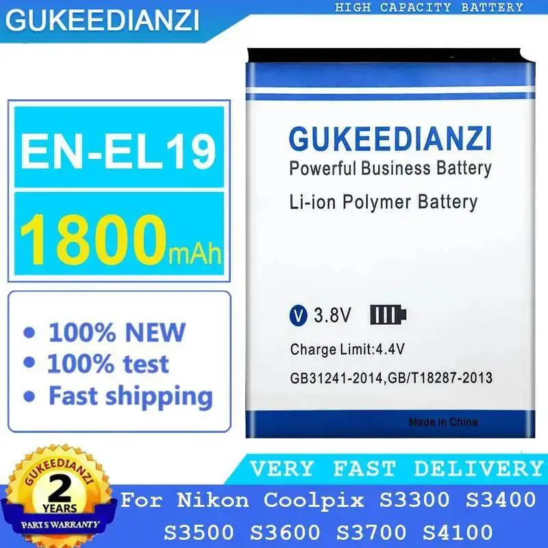 Batería de cámara EN-EL19 de alta eficiencia para Nikon Coolpix S3300 S3400 S3500 S3600 S3700 S4100 1800Mah