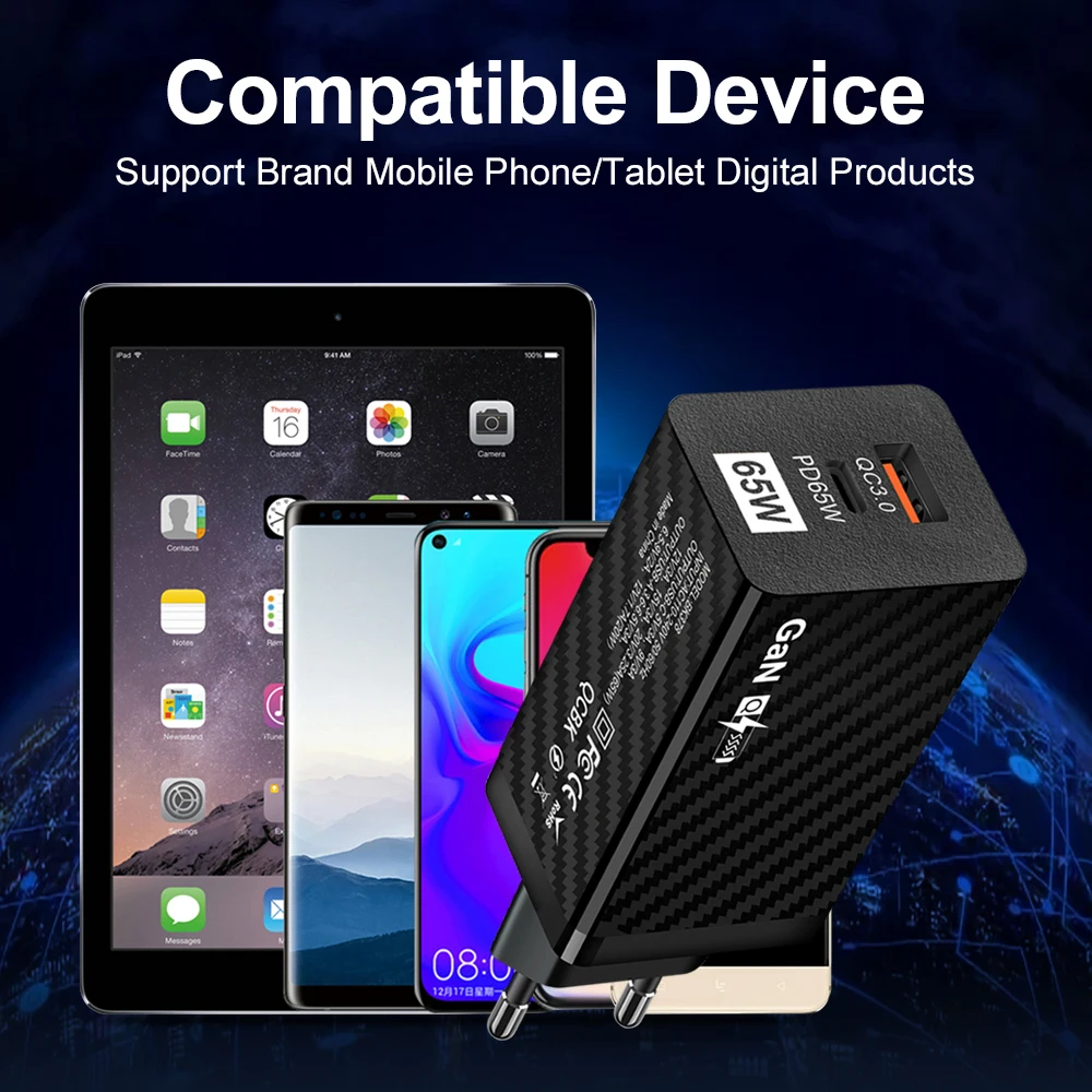 Cargador GaN de 65W PD Quick Charge 4,0 3,0 tipo C USB C adaptador de cargador rápido cargador portátil de teléfono móvil para tableta iPhone 15 14 - imagen 5