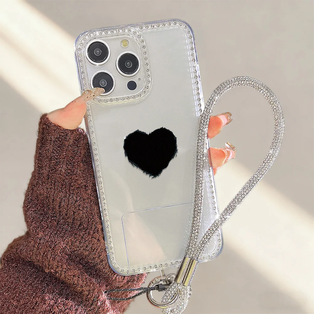 Funda de teléfono con cordón de diamante para iPhone 17 16 Pro Max 11 13 15 14 12 Air 17promax, Funda transparente a prueba de golpes con forma de corazón de amor - imagen 3