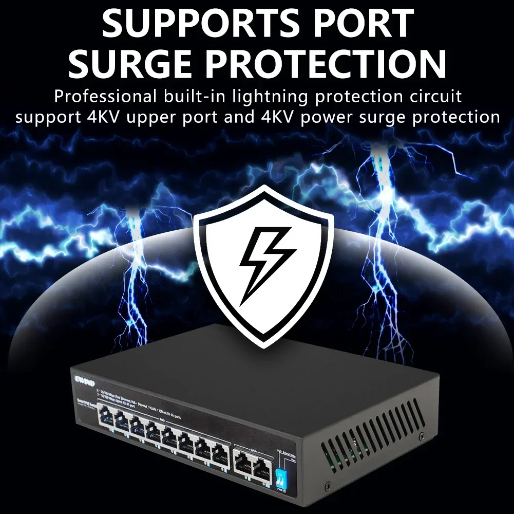 Conmutador de red Ethernet, 4 o 8 puertos, 120W, VLAN, 8x100M + 2 x puerto RJ45, iEEE 802. 3AF/en el buje - imagen 2