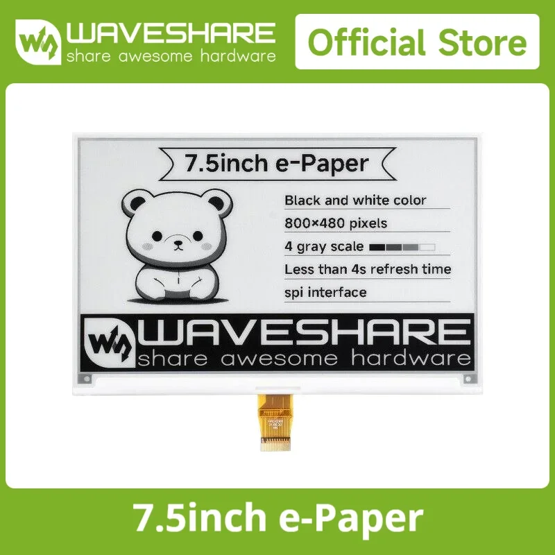 Waveshare Pantalla cruda de tinta electrónica de 7,5 pulgadas 800x480 SPI blanco y negro, compatible con Raspberry Pi 3B/3B+/Zero/Zero W/Arduino/Esp32