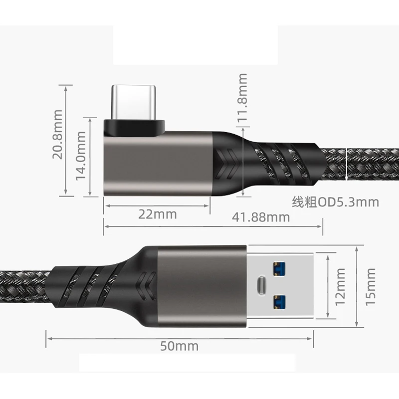 USB 3,2 GEN2 3A 60W codo de 90 grados tipo C Cable conector Usb tipo c para Cable de datos de enlace VR 0,5 M 1M 2M 3M - imagen 3