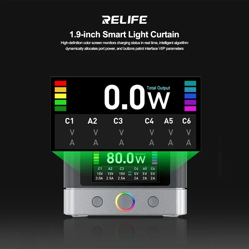 RELIFE Q7 Cargador rápido de 6 puertos de 80 W con carga inalámbrica Pantalla LCD de distribución de energía inteligente y protecciones de seguridad - imagen 3
