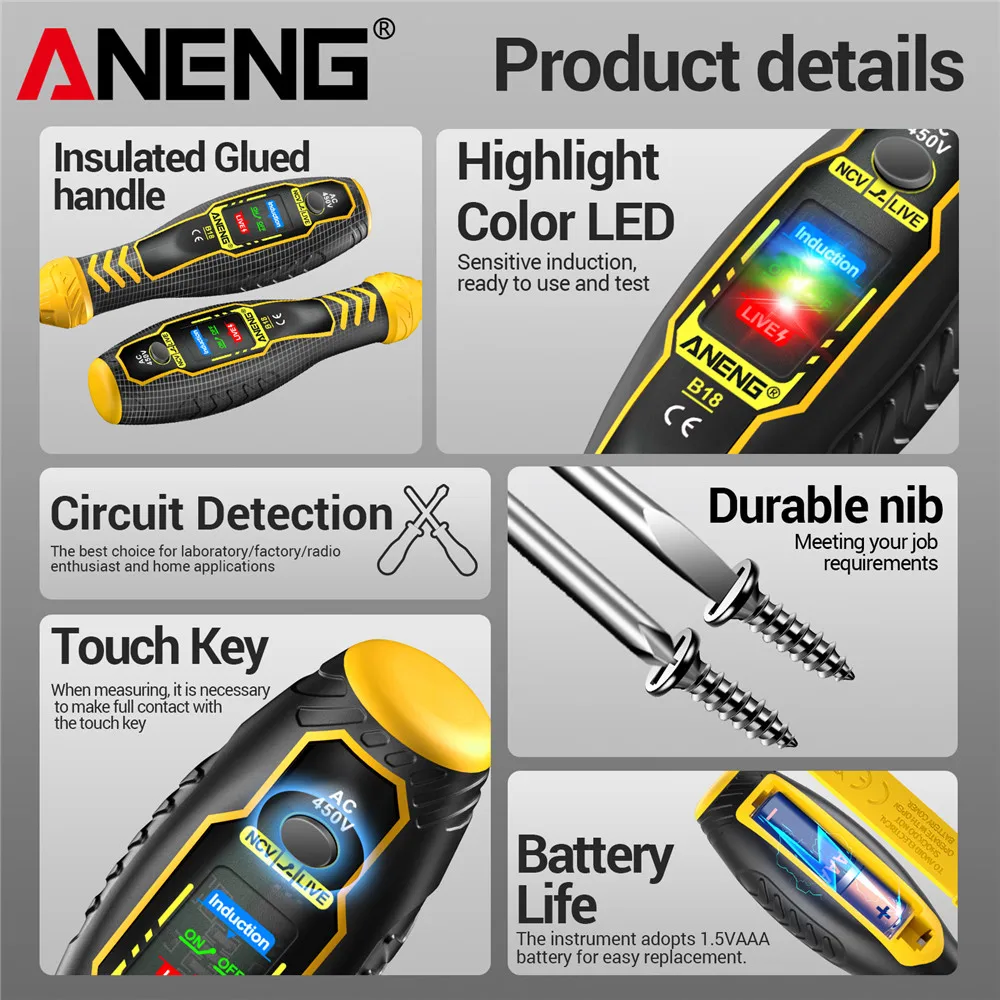ANENG B18 pluma de prueba de voltaje resaltado palabra/destornillador cruzado multifuncional NCV voltaje inducción electricista probador pluma herramientas - imagen 5