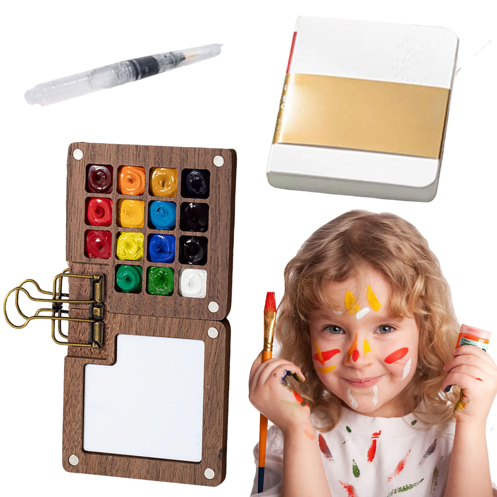 Mini juego de pintura de acuarela, Kit de viaje de bolsillo de madera para artistas con pincel y cuaderno de bocetos, juego de acuarelas portátil para artistas pintores - imagen 3