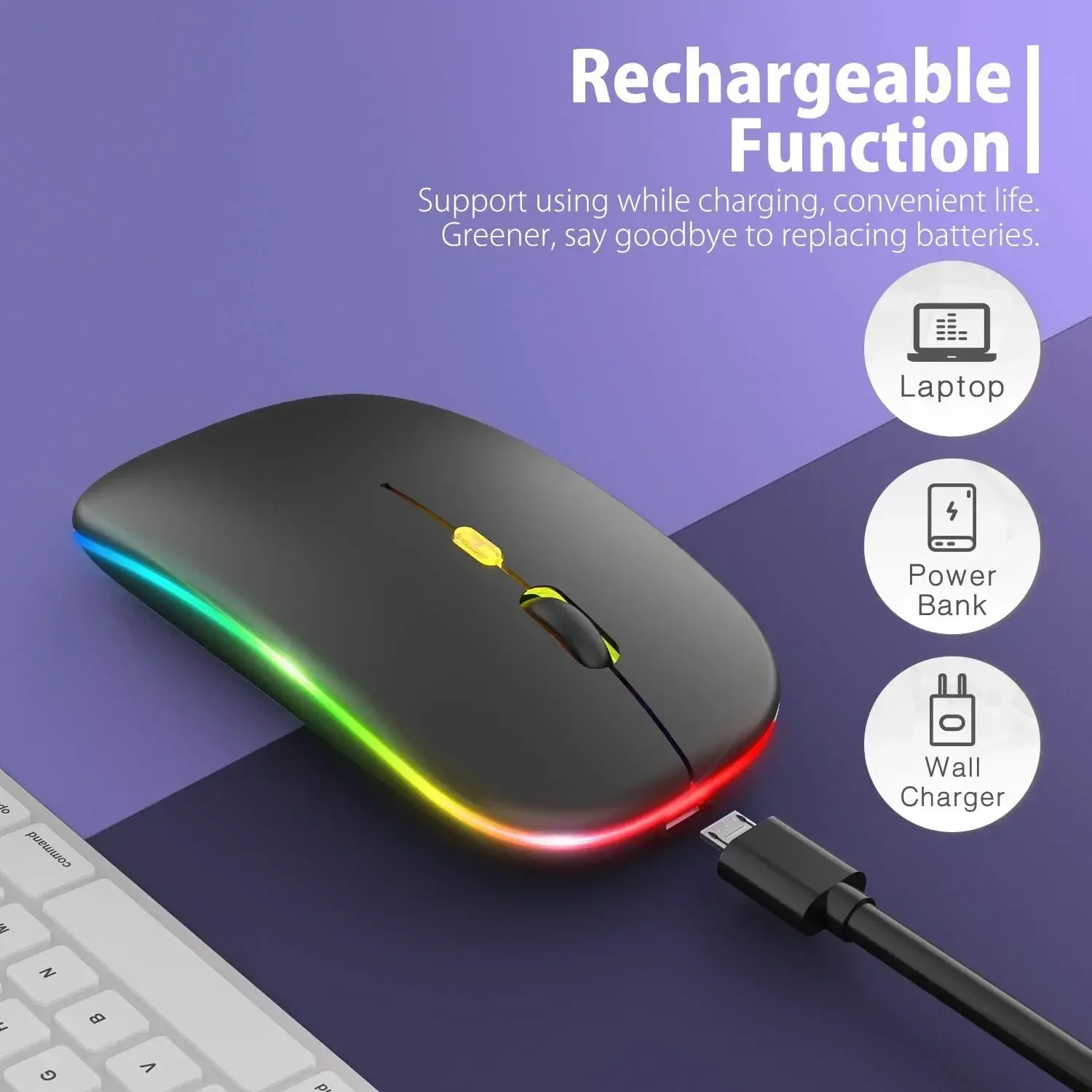 Ratón inalámbrico para ordenador portátil y PC, periférico silencioso con retroiluminación LED, ergonómico, recargable por RGB, Bluetooth - imagen 2