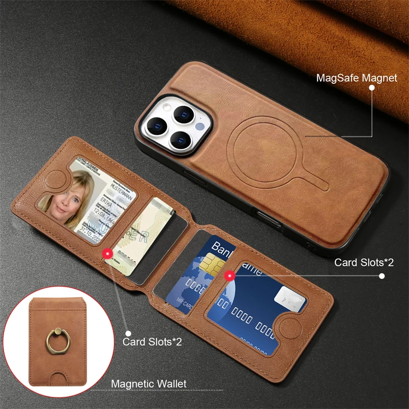 Funda con soporte de anillo tipo billetera con tapa de cuero magnético 2 en 1 para Magsafe IPhone 16 15 14 13 12 Pro Max Plus 16e i16 Mag funda con soporte seguro - imagen 4
