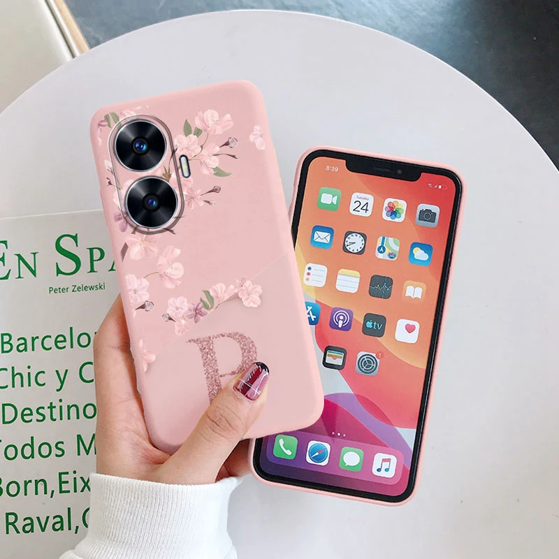 Funda de teléfono con letras y flores para Realme C55 4G, funda de silicona suave con parachoques de TPU a prueba de golpes para Realme C55 C 55, Fundas RealmeC55 - imagen 2