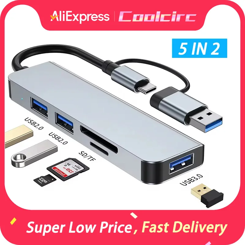 Coolcirc-Hub USB 5 en 2 tipo C, ranura para tarjeta SD/TF de doble tarjeta, USB 3,0/2,0, compatible con salida de audio, conexión de teclado y ratón