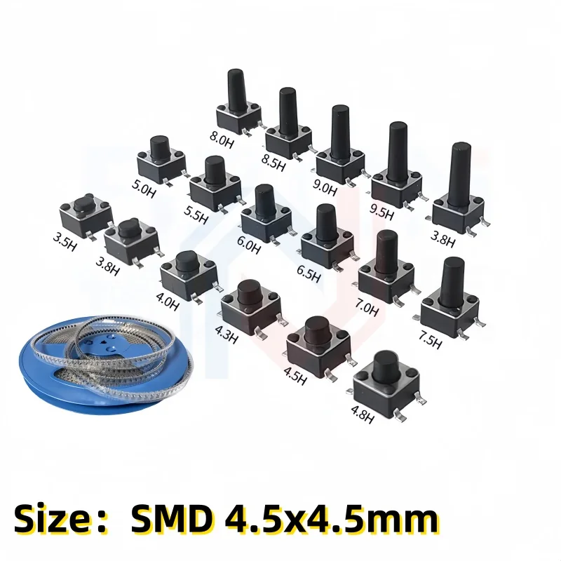 50 Uds 4,5*4,5*4/5/6/7/8/9/10/12mm interruptor de botón táctil momentáneo encendido apagado 4 pines SMD SMT microinterruptor conjunto electrónico