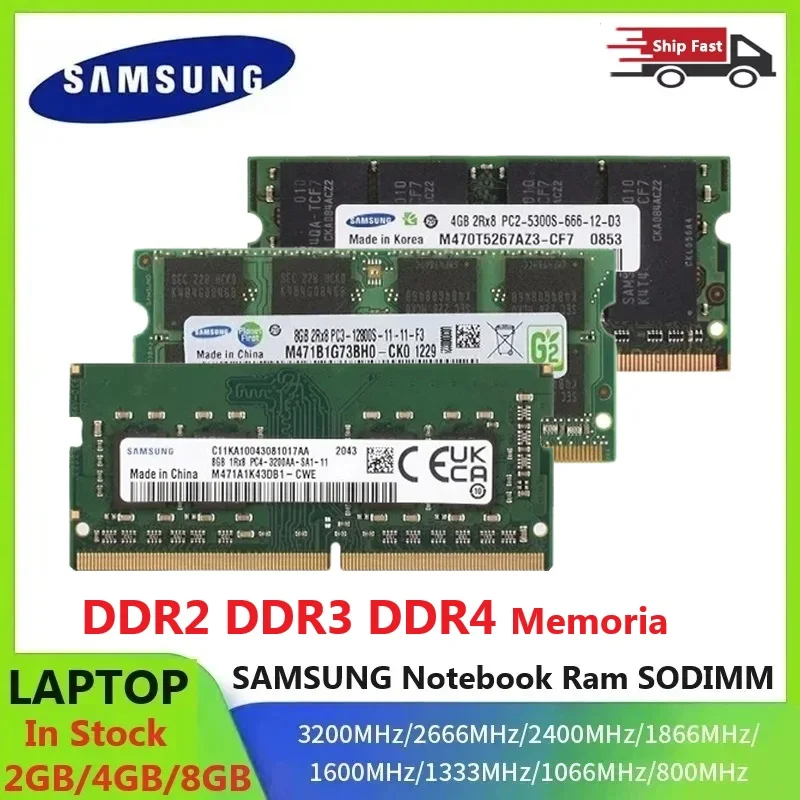 Samsung Laptop RAM SODIMM DDR2 DDR3 DDR4 Memoria 2400 1600 1333 800 667MHz 2GB 4GB 8GB 16GB Notebook de alto rendimiento Sodimm Ram