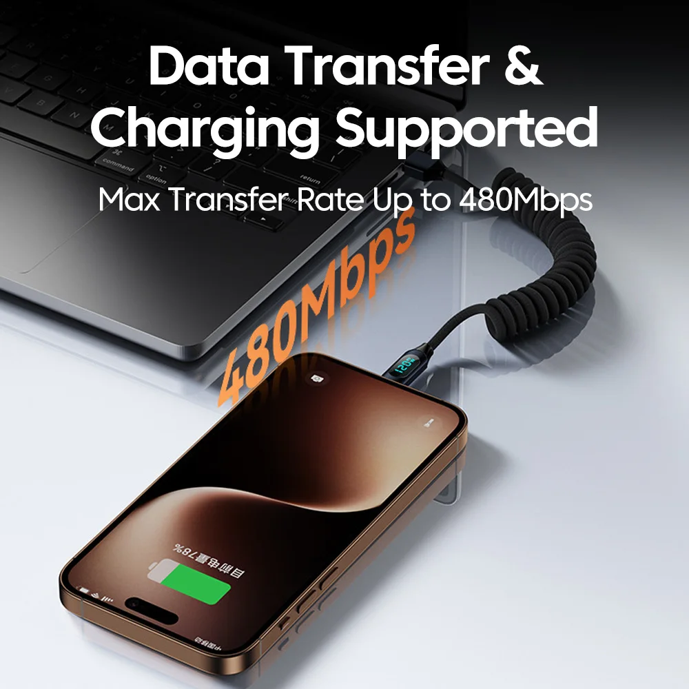Cable de datos de carga rápida retráctil con resorte USB a tipo c 6A, Cable de carga súper rápida USB C a tipo c de 120W con LED para iPhone16 - imagen 5