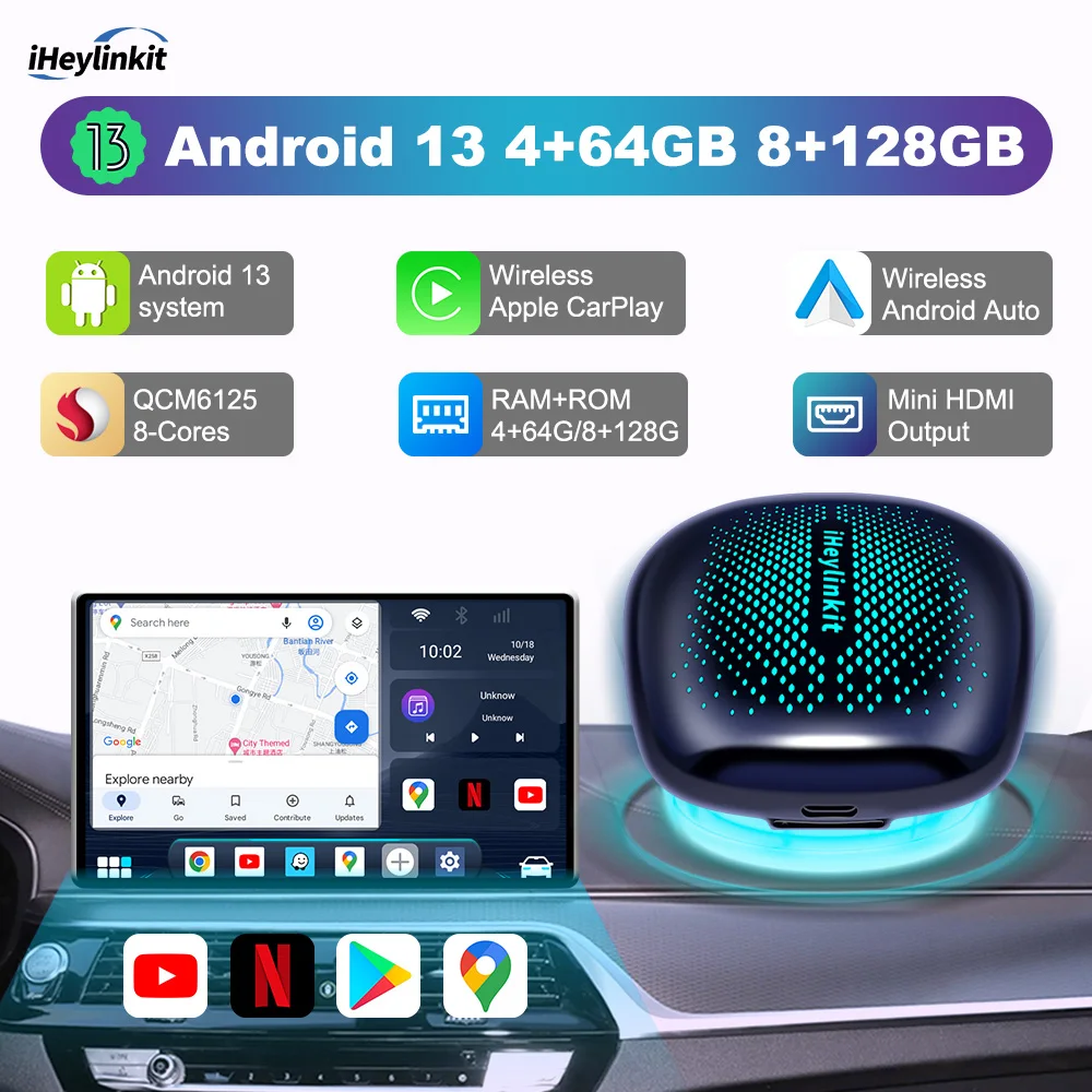 IHeylinkit-CarPlay inalámbrico CP608U para coche, dispositivo con Android 13, QCM6125, 64G, salida HD automática, Google Play, para Ford VW, Mercedes - imagen 2