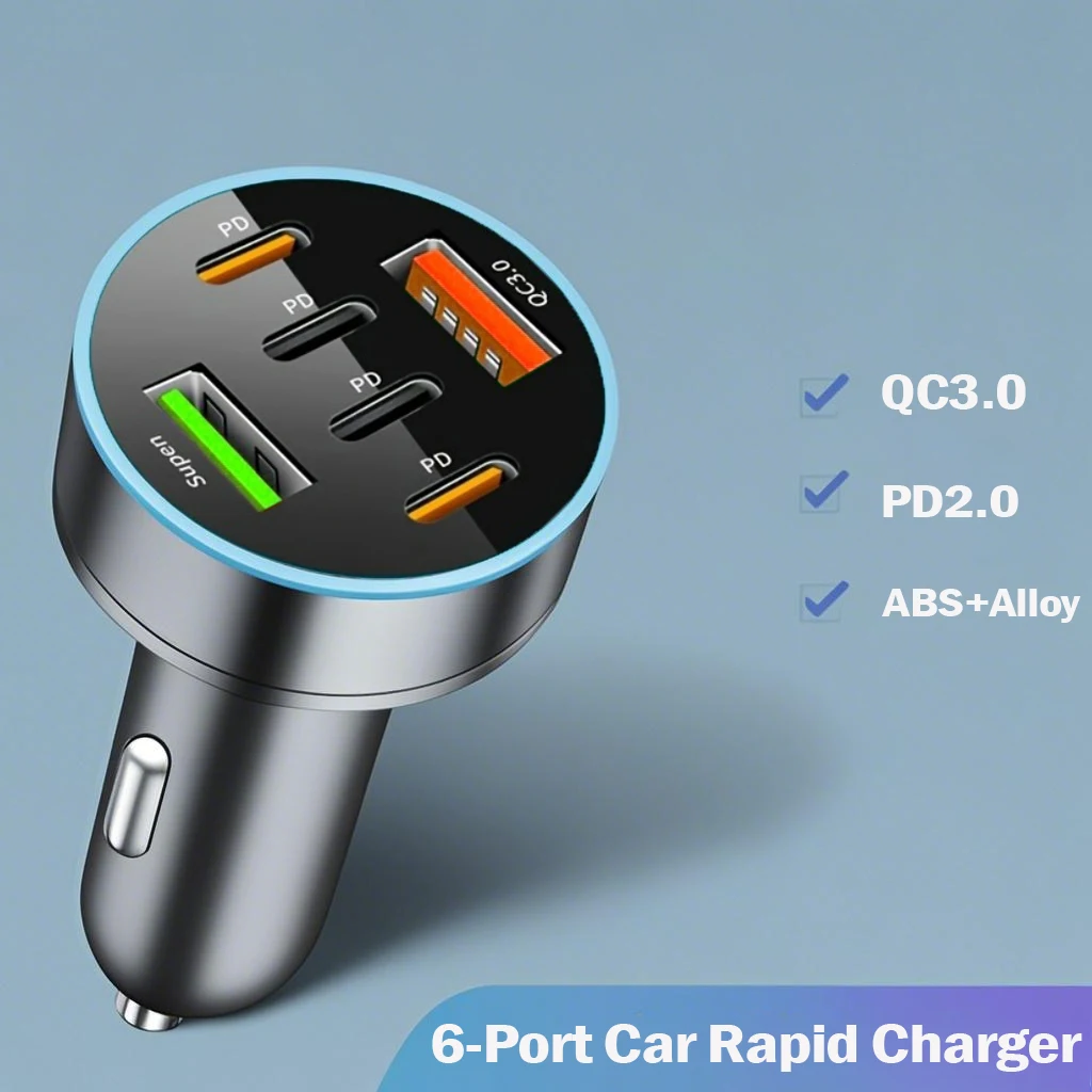 Cargador de coche con pantalla digital de 66 W con 4 puertos USB - Adaptador de carga rápida PD/QC3.0 para iPhone Samsung Huawei Xiaomi Cargador de coche