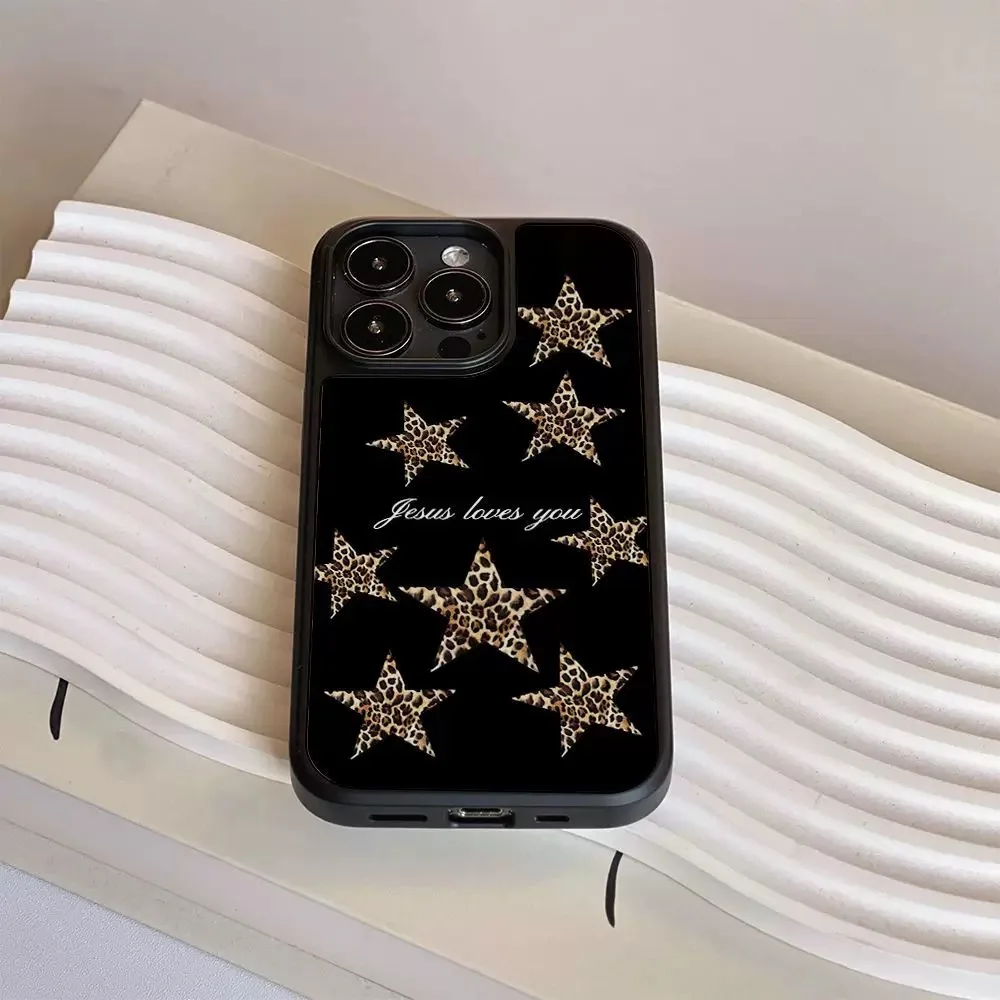 Ins-funda de teléfono epoxi con borde negro y estrellas con estampado de leopardo, funda de teléfono anticaída de TPU para iPhone XR/11/12/13/14/15/16/17 Pro Max - imagen 2