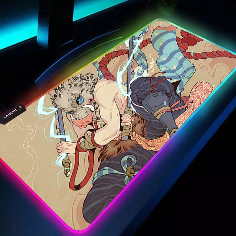 Alfombrilla de ratón LED RGB d-demon Slayer Inosuke, accesorios para PC de oficina, alfombrilla extendida, alfombrilla de ratón de Anime, alfombrilla de escritorio con patrón, alfombrillas de goma para juegos - imagen 2