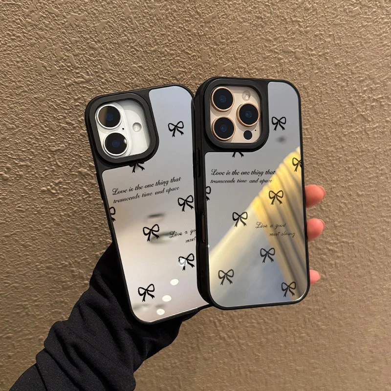 Funda para iPhone 11 12 13 14 15 16 Pro Max Plus Series Funda de teléfono con espejo de tpu transparente con patrón de lazo negro - imagen 3