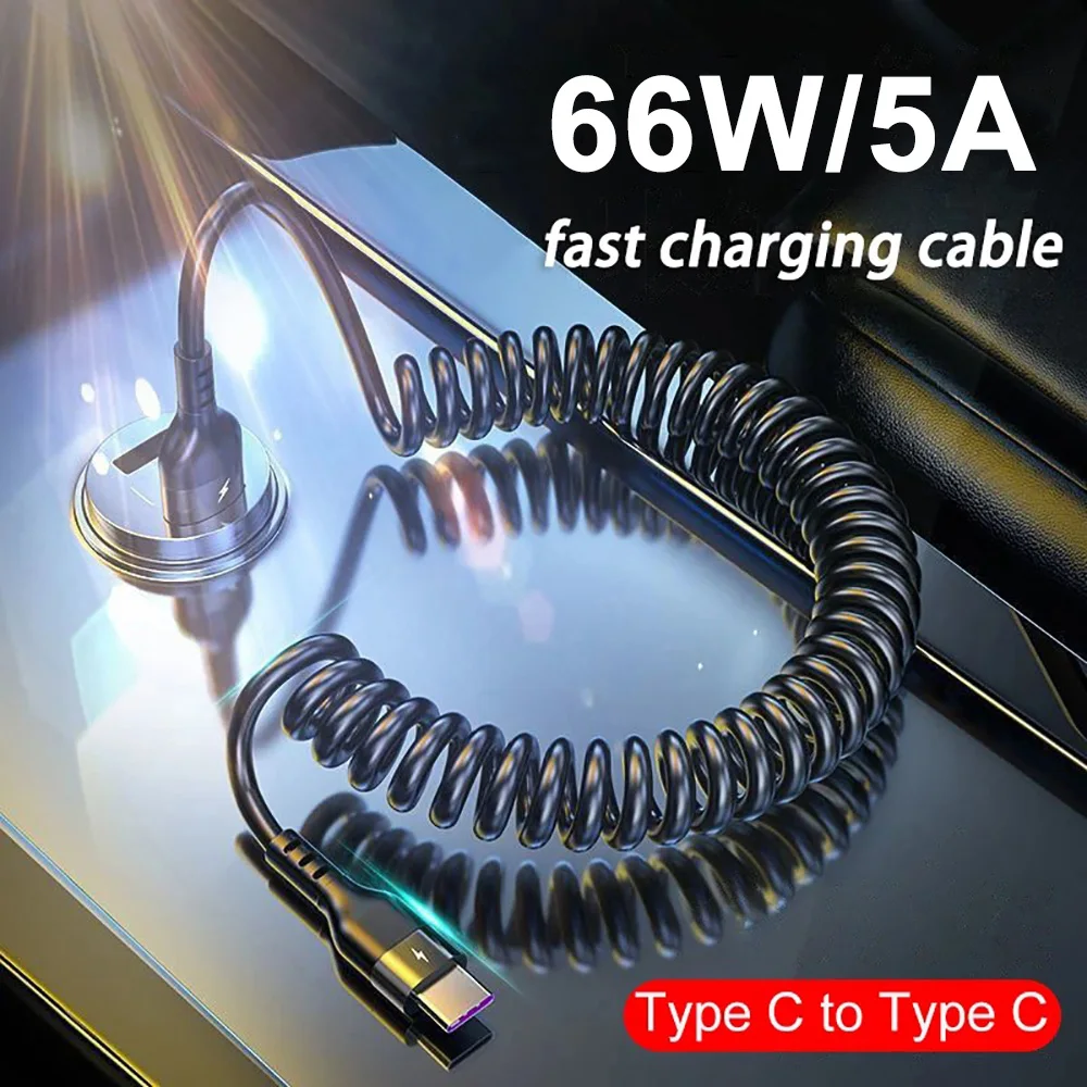 Cable de carga rápida tipo C de 66W y 5A, cargador de teléfono telescópico con resorte para coche, Cable USB C de datos de alta velocidad para teléfono móvil inteligente