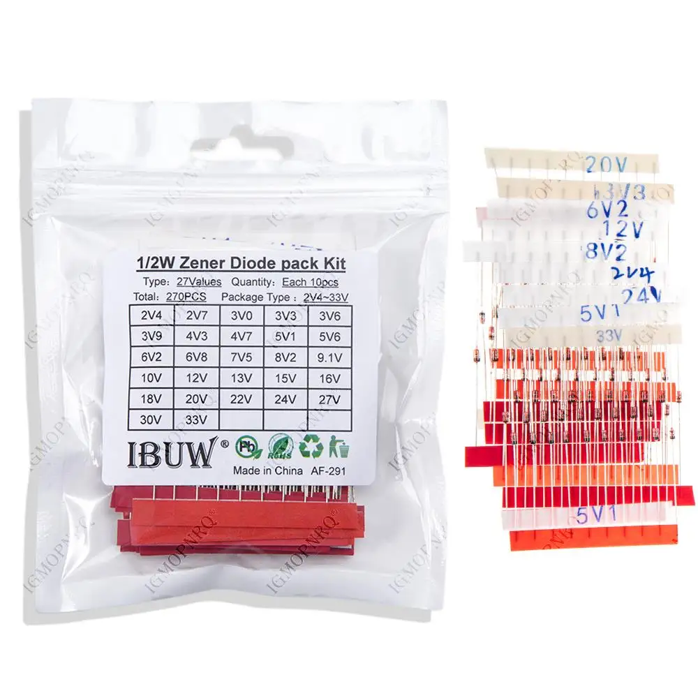 270 unids/lote 0,5 W kit surtido de diodos Zener 1/2W 2V4-33V paquete de diodos Zener 12V 18V 5V1 5V6 3V3 3V6 4V3 4V7 6V2 6V8 7V5 20V 22V