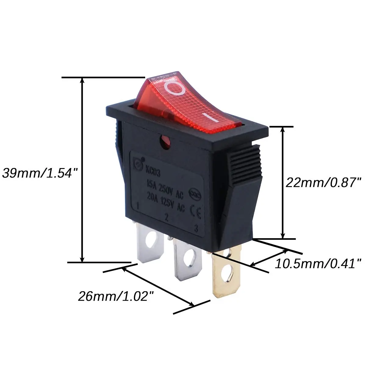 Interruptor basculante KCD3 de 3 pines, 16 piezas, CA, 16A/250V, 20A/125V, 2 posiciones, luz roja, encendido y apagado, para barco SPST - imagen 3