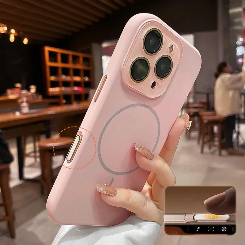 Funda magnética protectora de lente de cristal de silicona líquida a la moda para iPhone 16 15 14 13 11 Pro Max 16 Plus para funda suave Magsafe