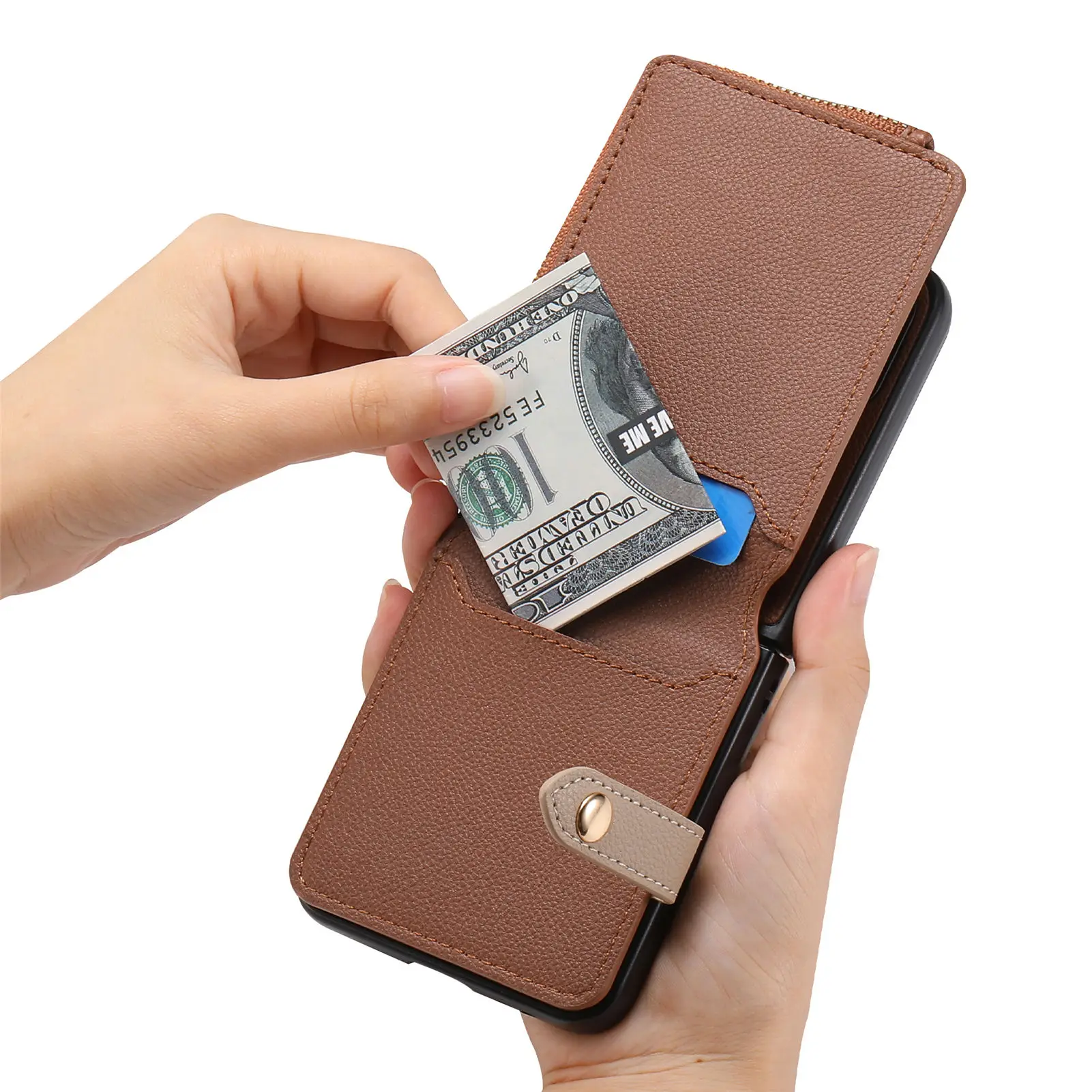 Funda de cuero con cremallera Vertical para Samsung Z Flip 5, 4, 3, 5G, soporte a prueba de golpes, monedero, anillo, soporte, funda de bolsillo - imagen 4