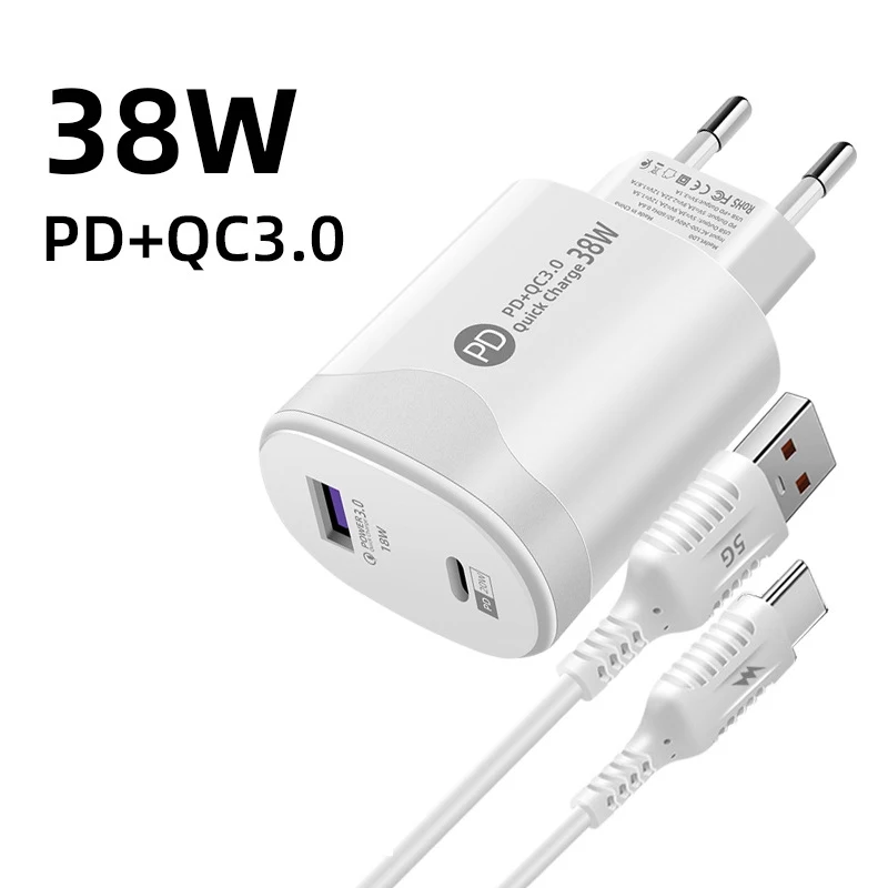 Cargador de pared de 38W USB tipo C carga rápida PD 20W potencia 3,0 adaptador de carga rápida con Cable USB tipo C para Xiaomi iPhone Samsung