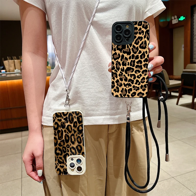 Funda de teléfono con correa de leopardo marrón para Xiaomi Redmi Note 13 12 11 Pro Plus 12S 11S 11 10S 10 Redmi 12C 13C, funda de silicona - imagen 3