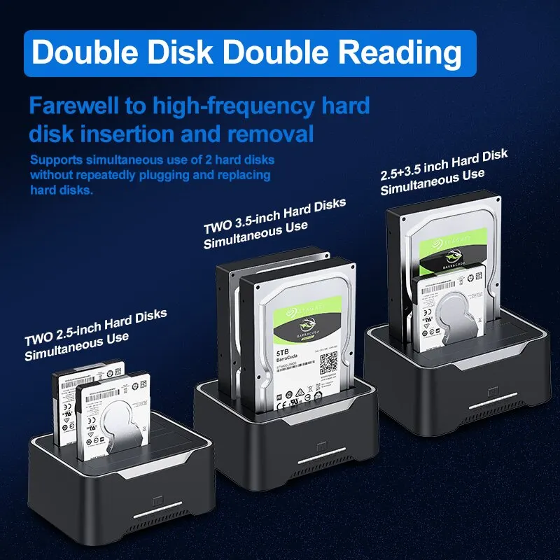 Disco duro USB 3,0 a SATA de doble bahía, carcasa de disco duro con efecto de lámpara RGB de 2,5/3,5 pulgadas, estación de acoplamiento, clon sin conexión, HDD, SSD - imagen 3