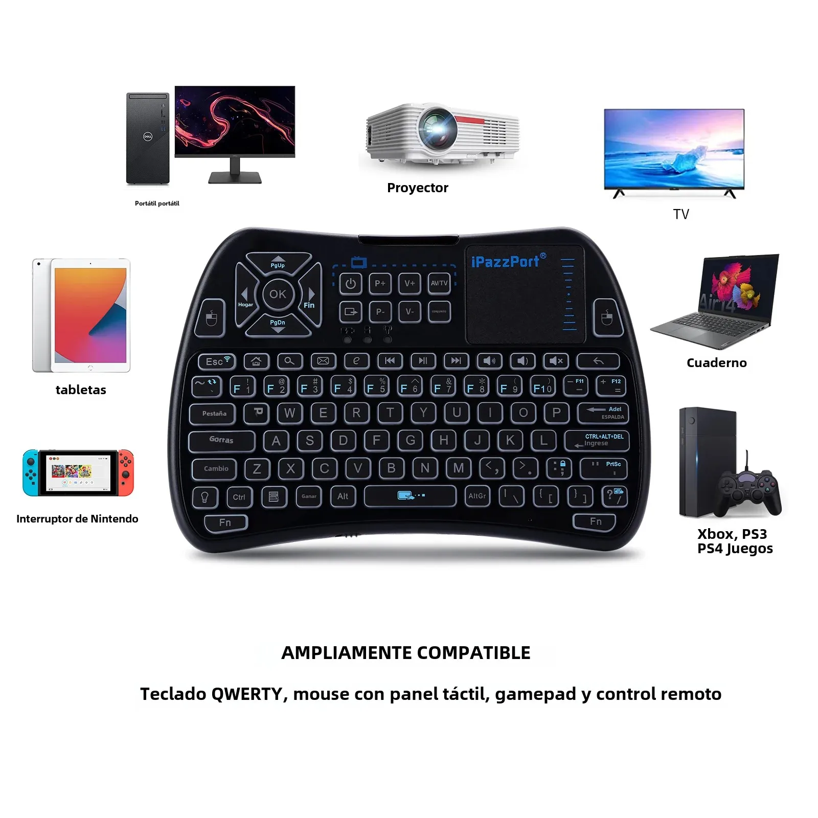 Mini teclado retroiluminado iPazzPort con panel táctil, modo Bluetooth y 2,4 GHz, control remoto IR, RGB recargable para Smart TV/Android/PS4/PC - imagen 4