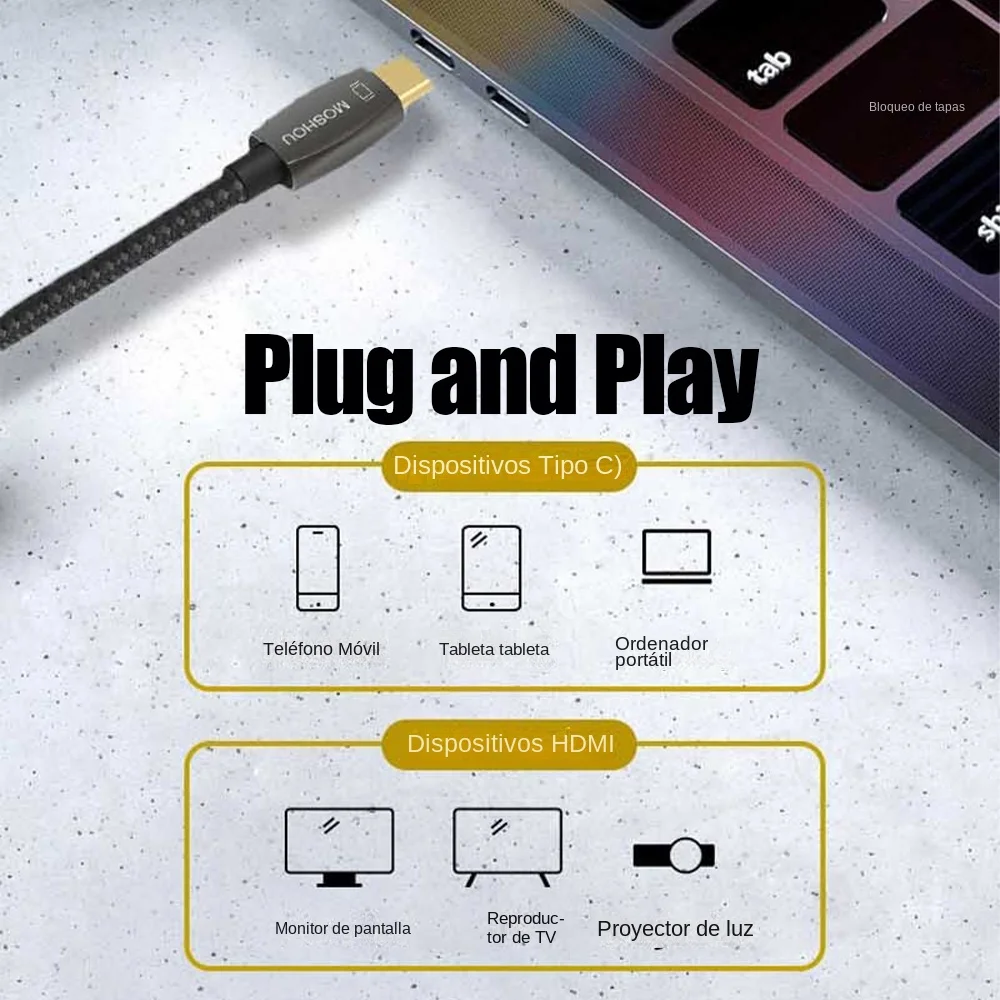 MOSHOU-Cable USB tipo C a HDMI, convertidor Thunderbolt 3 para Macbook y Samsung, 8K, 60Hz, 4K, 120Hz, USB-C - imagen 4