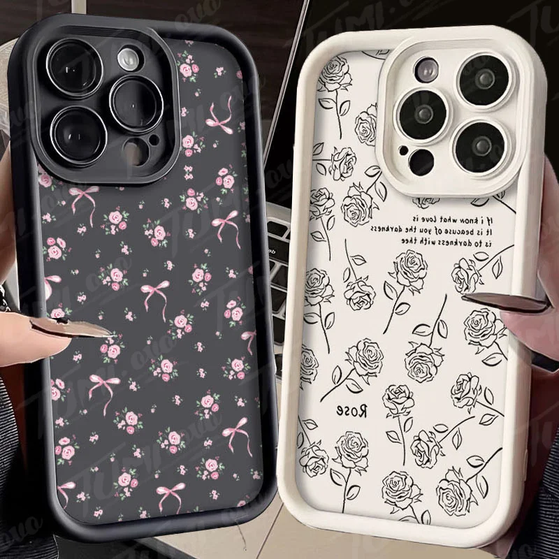 Funda de teléfono mate con lazo y flor rosa para Xiaomi POCO X6 X5 X4 GT F3 F4 F5 M6 Pro X3 NFC Mi 13T 12T 11T 13 12 11 Lite 5G NE