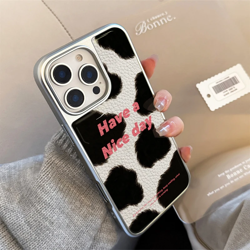 Funda de teléfono con textura de cuero "have un buen día" con estampado de vaca para iPhone11/12/13/14/15/16/43 Pro Max AIR PLUS - imagen 2