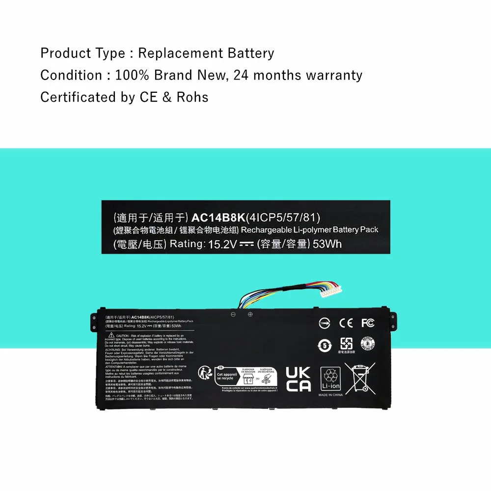 Batería del ordenador portátil para Acer Chromebook 11 CB3-111 15 C910 para Aspire E3-111 E3-112 ES1-512 E5-771G ES1-311 V3-371 ES1-511 AC14B8K - imagen 3