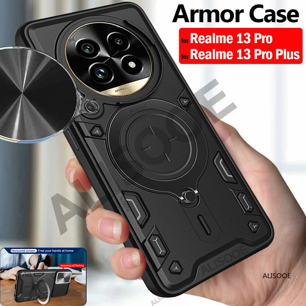 Armadura Funda para Realme 13 Pro Plus 5G Funda deslizante anillo de cámara soporte cubierta de protección para Realme 13 Pro 5G Capa a prueba de golpes