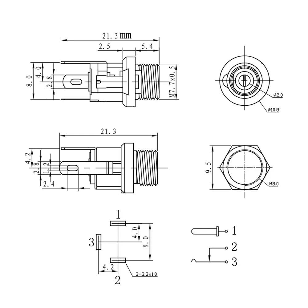10 Uds 5,5x2,1mm DC Power hembra Jack Terminal de montaje en Panel 3 pines 5,5*2,1mm DC toma de corriente conector eléctrico DC-025M - imagen 5